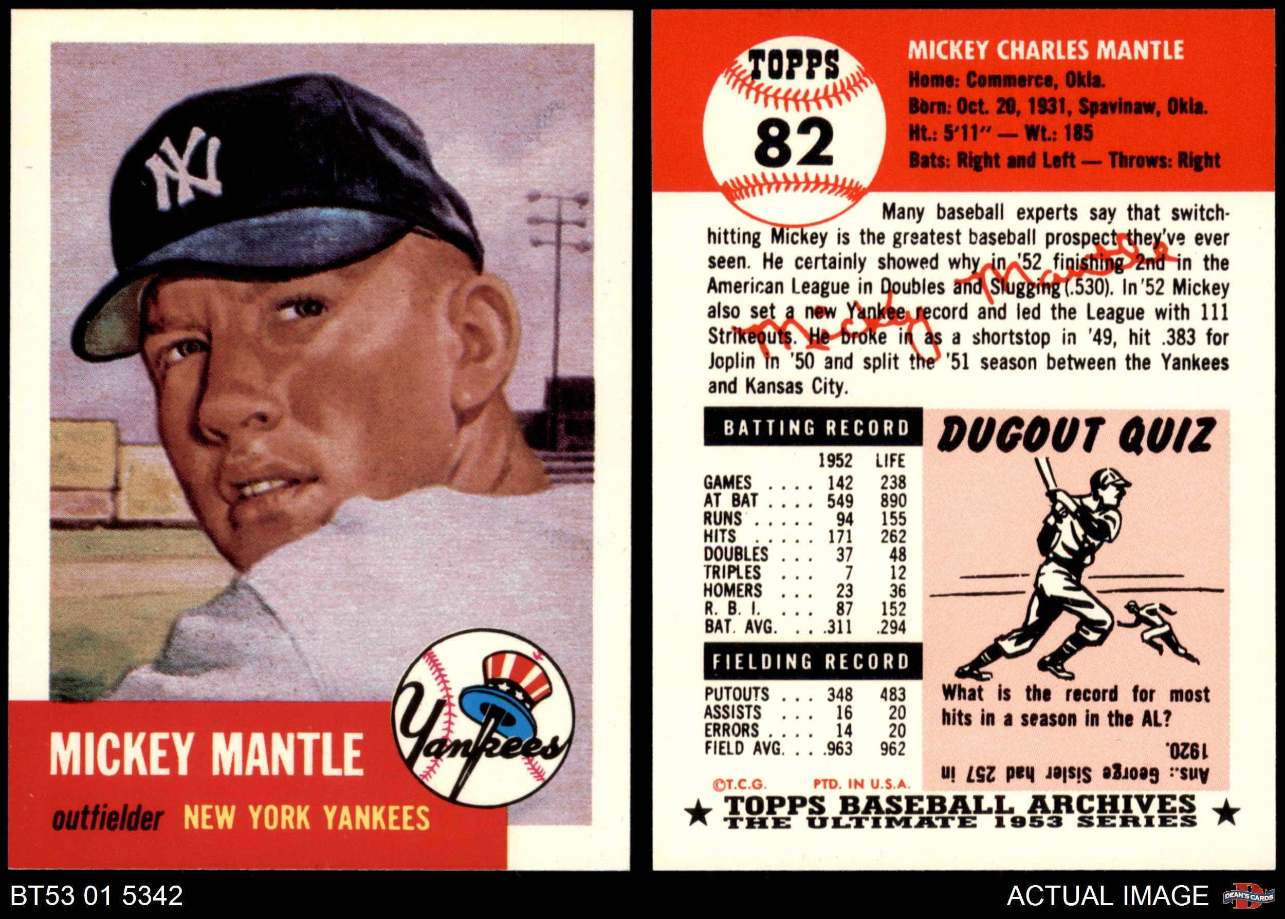 1953 Topps Archives #82 Mickey Mantle New York Yankees 