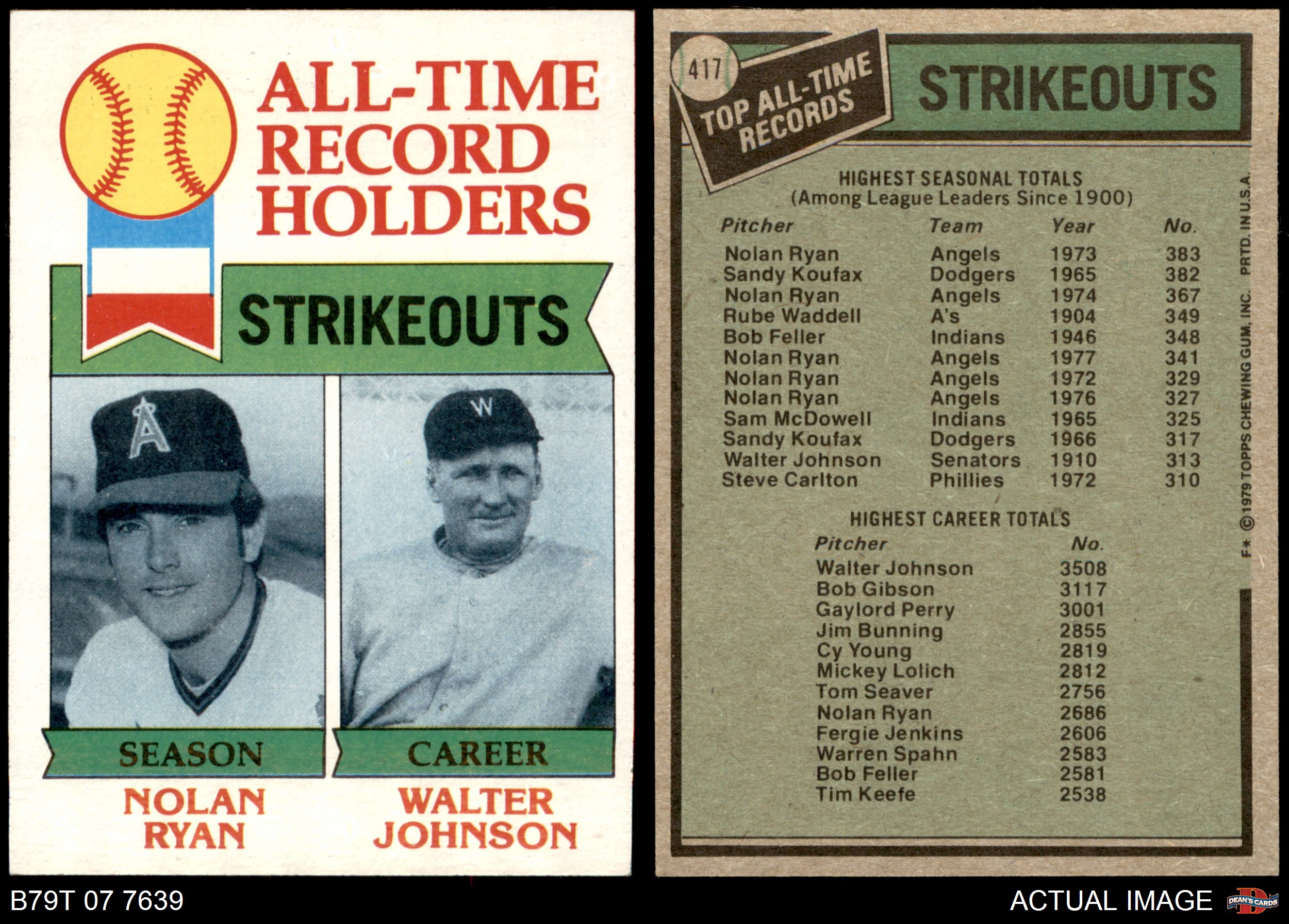 1979 Topps #417 Nolan Ryan / Walter Johnson - All-Time Record Hold Angels 5  - EX | eBay