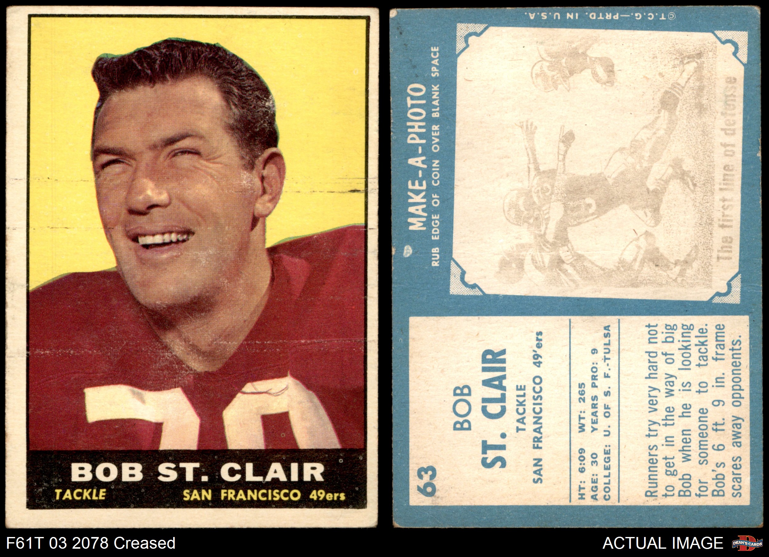 : 1961 TOPPS #63 BOB ST. CLAIR GOOD+ 49ERS HOF