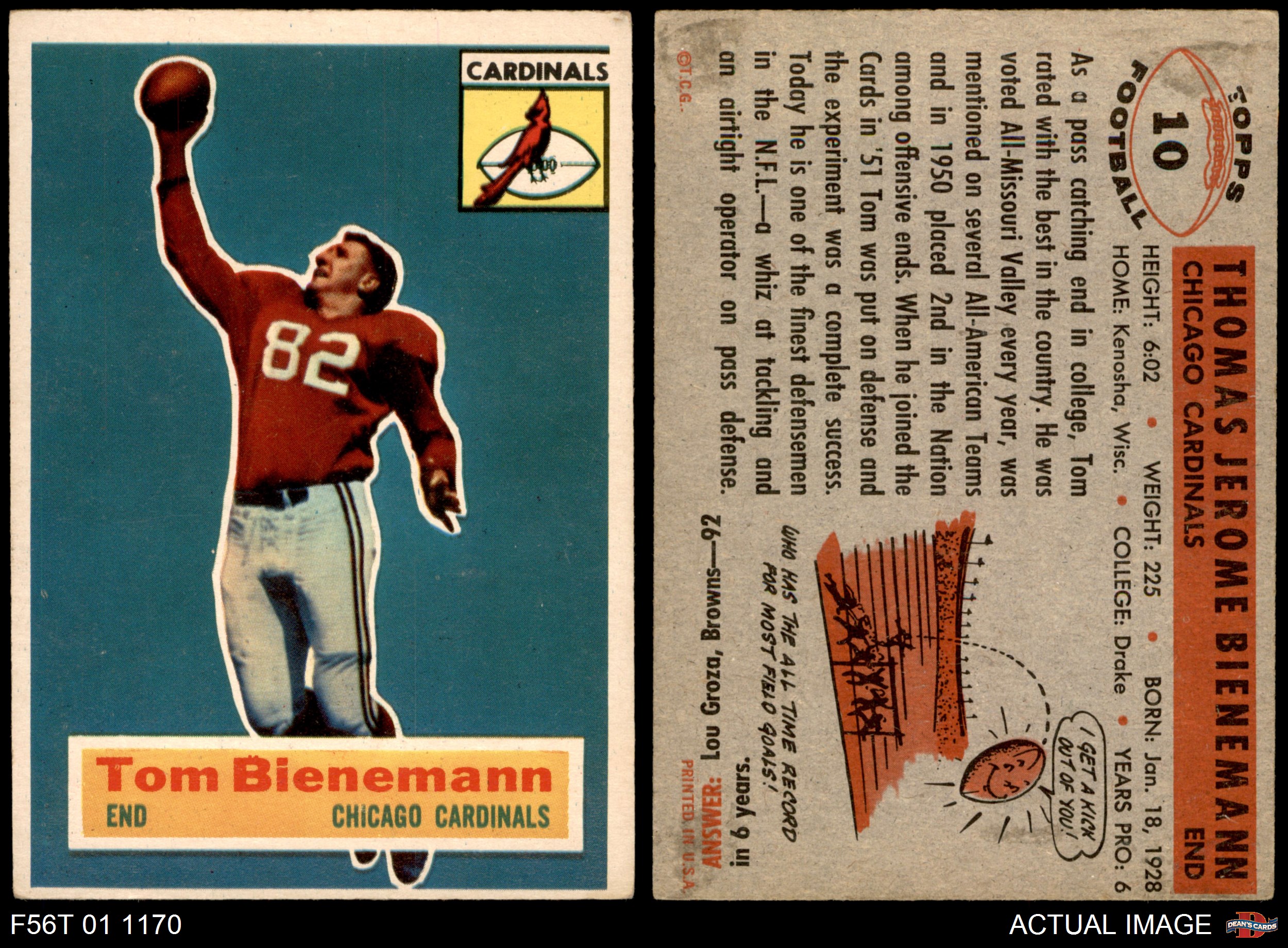 1956 Topps #10 Tom Bienemann Chicago Cardinals Football Card