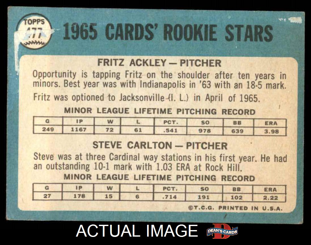 1965 Topps #477 Steve Carlton / Fritz Ackley Cardinals RCs RC HOF 2 - GOOD - Picture 3 of 29