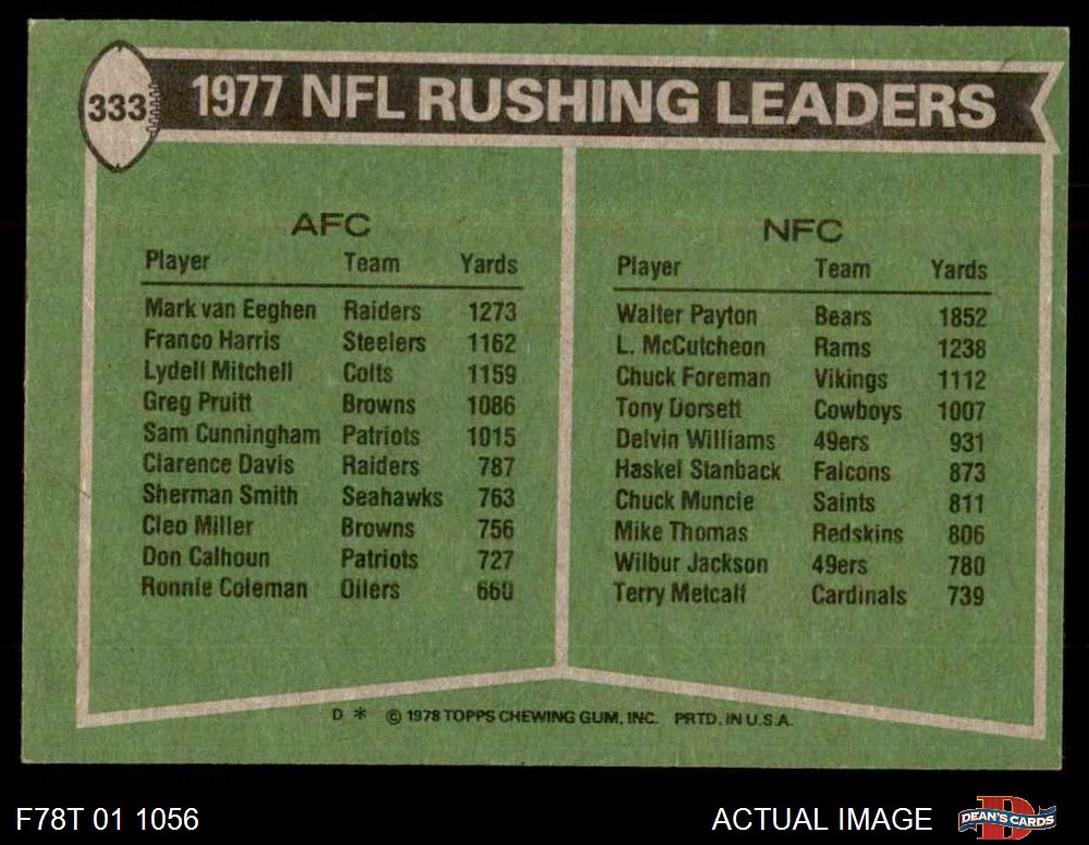 1978 Topps #333 - Walter Payton / Mark van Eeghen Rushing Leaders 4 - VG/EX