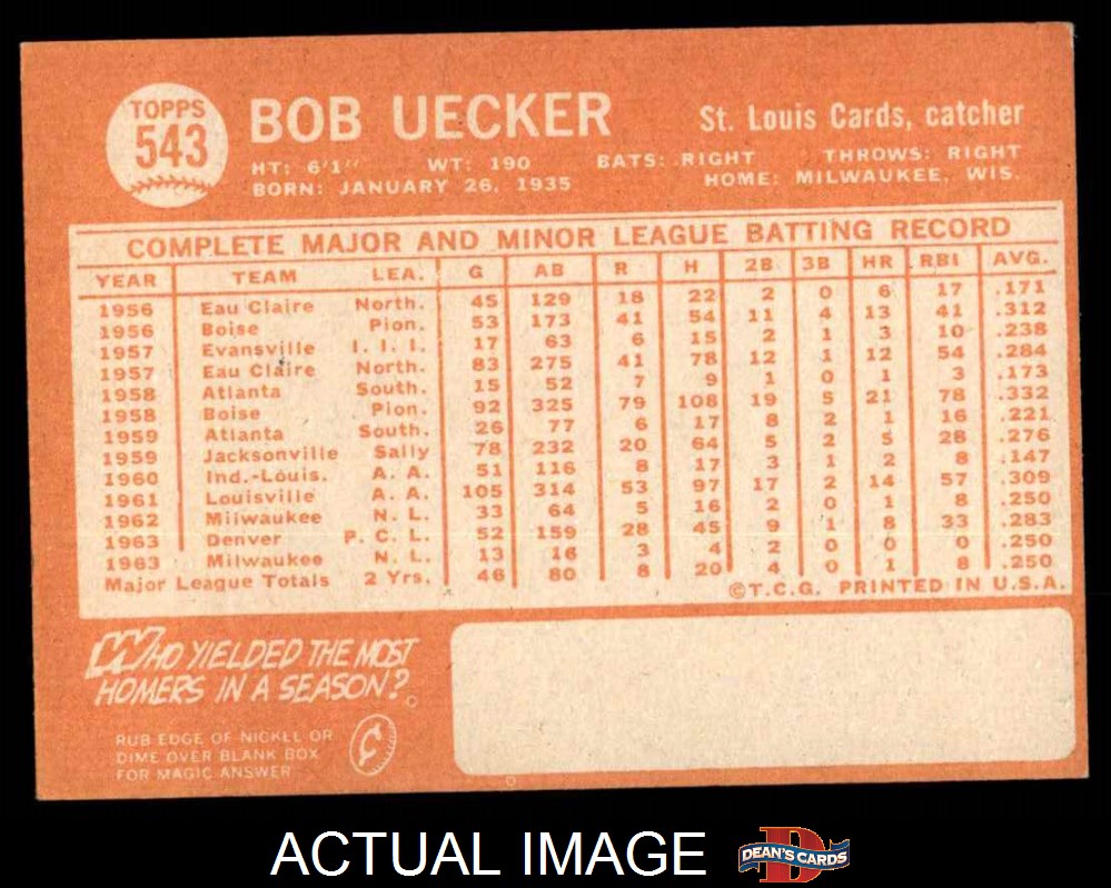 1964 Topps #543 Bob Uecker St. Louis Cardinals High Number Baseball Card EX