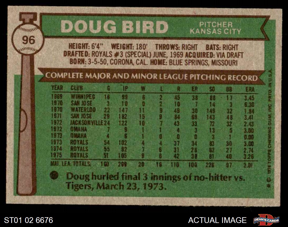 1976 Topps #96 Doug Bird 6 - EX/MT