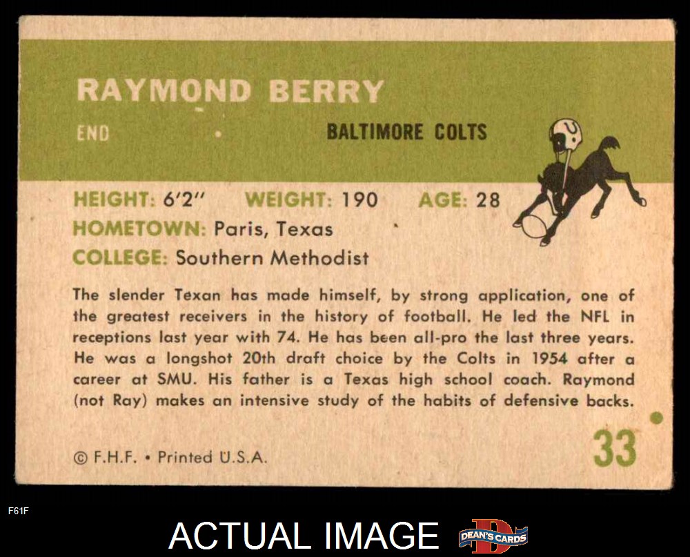 1961 Fleer Football Card #33 Raymond Berry-Baltimore Colts.