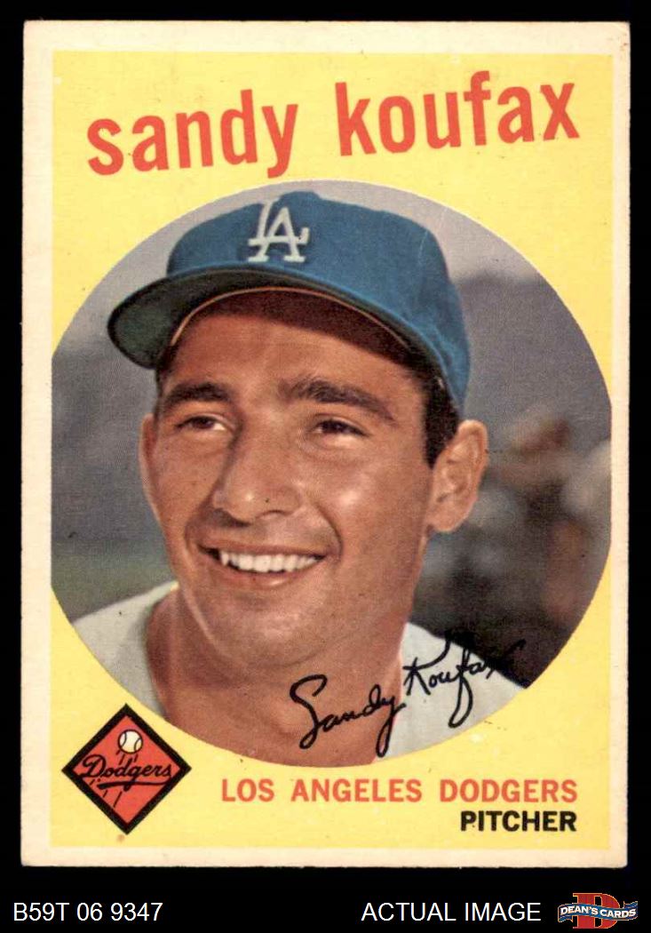 Issued by Topps Chewing Gum Company, Sandy Koufax, Pitcher, Los Angeles  Dodgers, from the 1959 Topps Regular Issue series (R414-14), issued by  Topps Chewing Gum Company.