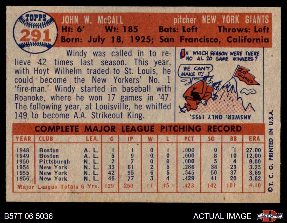 1957 Topps #291 Windy McCall