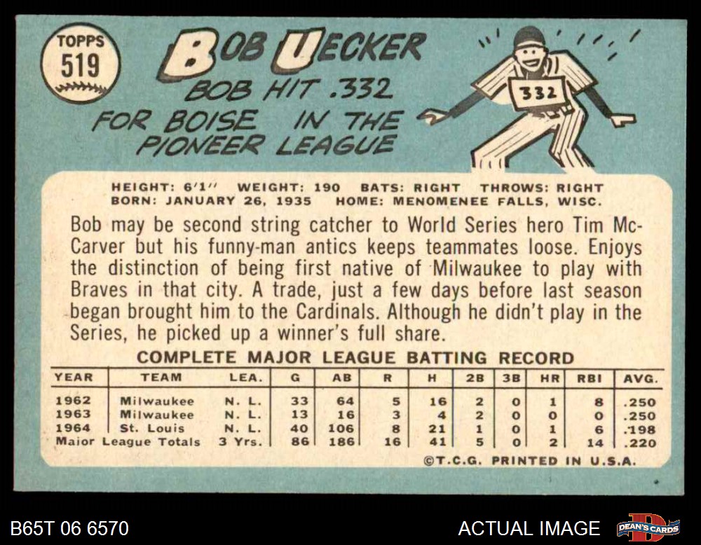 1965 Topps #519 Bob Uecker 6 - EX/MT