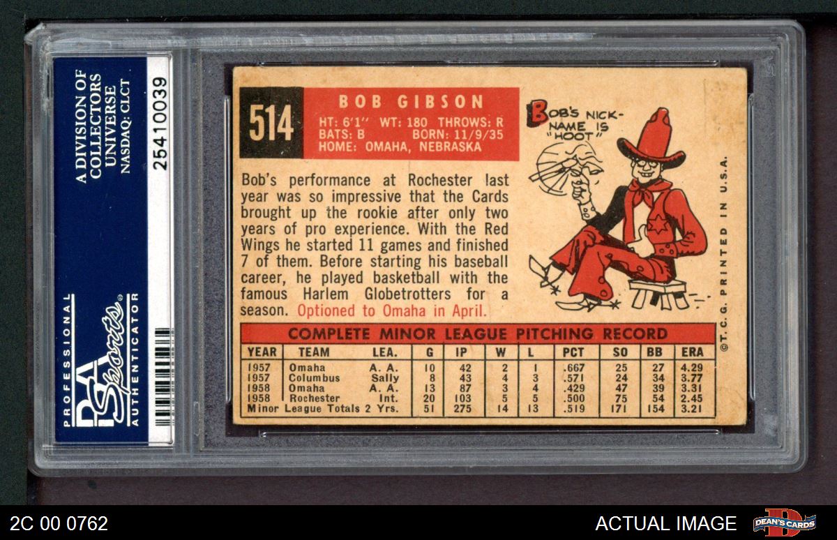 1959 Topps Baseball #514 Bob Gibson Rookie Card Graded SGC 7 Nr