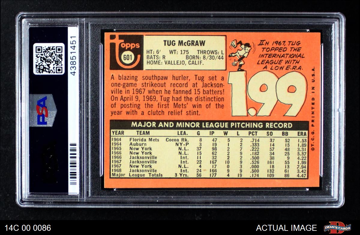 1969 Topps #601 Tug McGraw 3 - VG