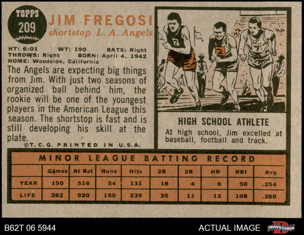  1962 Topps # 209 Jim Fregosi Los Angeles Angels