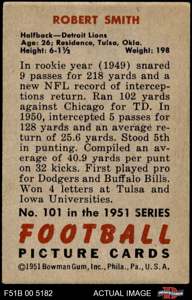 1951 Bowman #101 J Robert Smith Lions Tulsa / Iowa 5 - EX - Picture 7 of 17