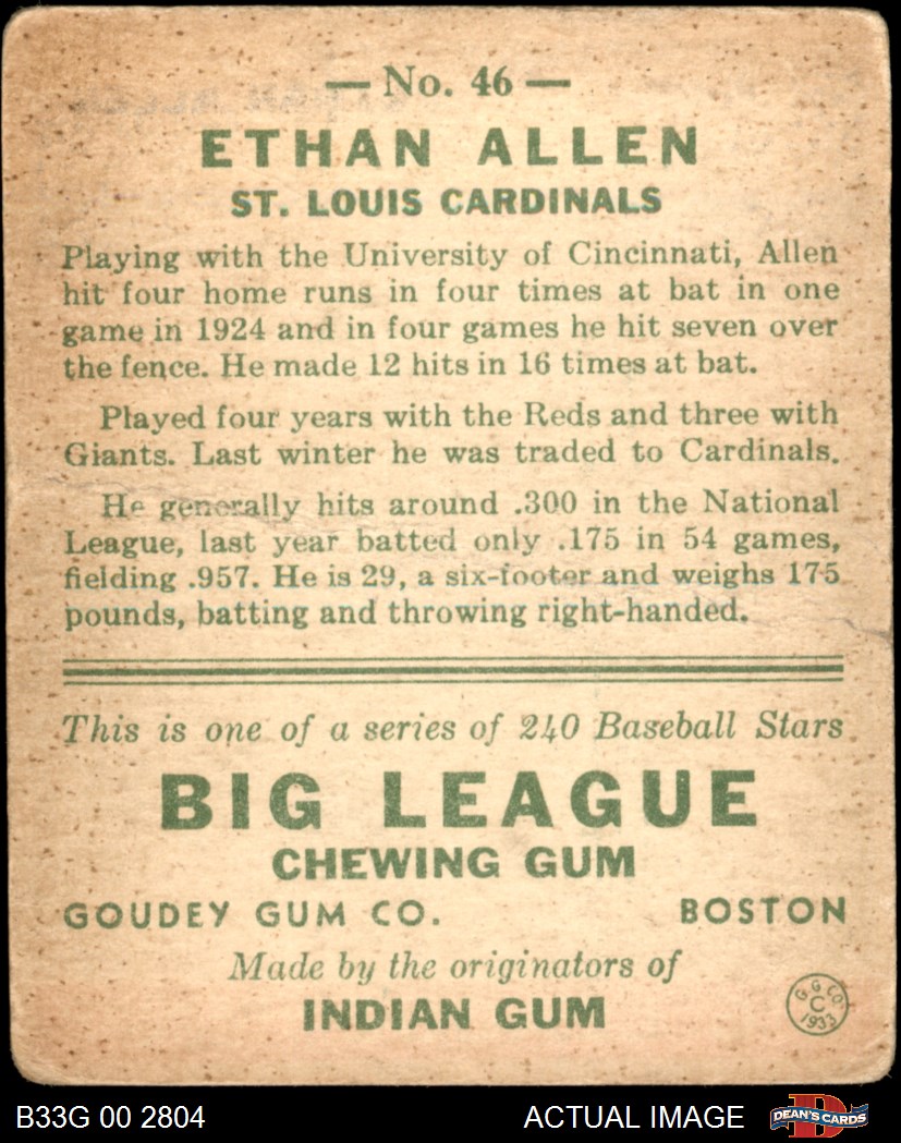 1933 Goudey #46 Ethan Allen Cardinals 1.5 - FAIR - Picture 3 of 17