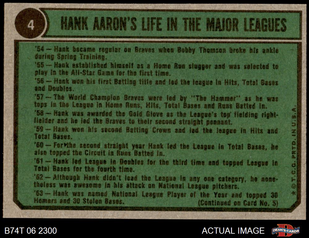 1974 Topps Hank Aaron (Aaron Special 1962-65)