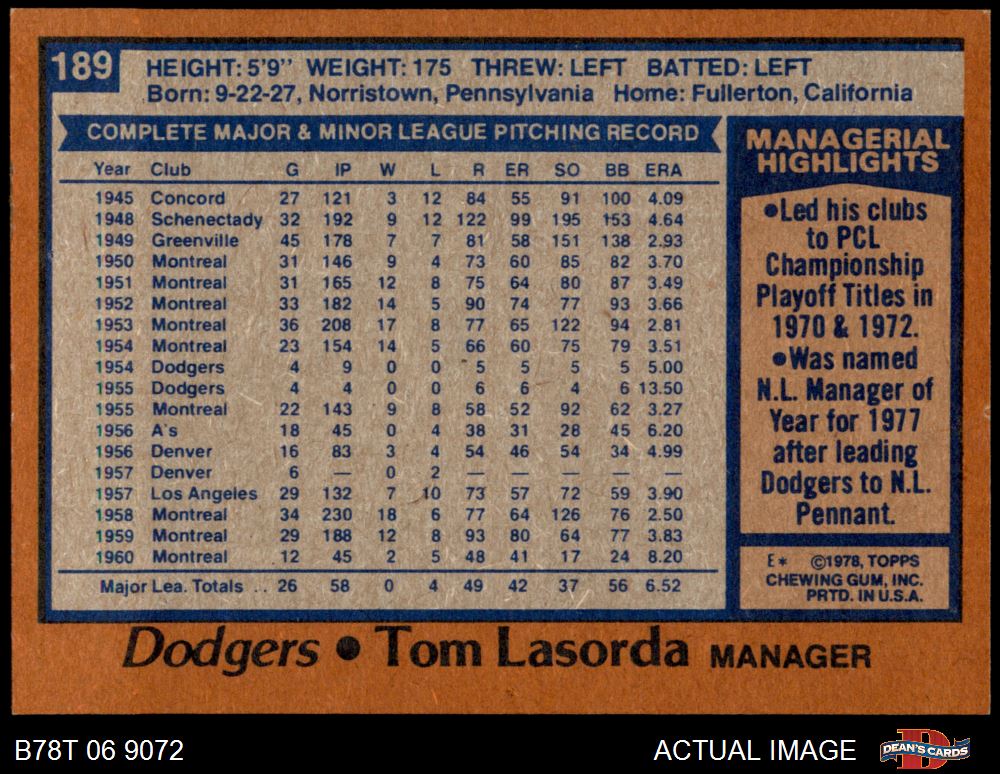 1978 Topps #189 Tom Tommy Lasorda