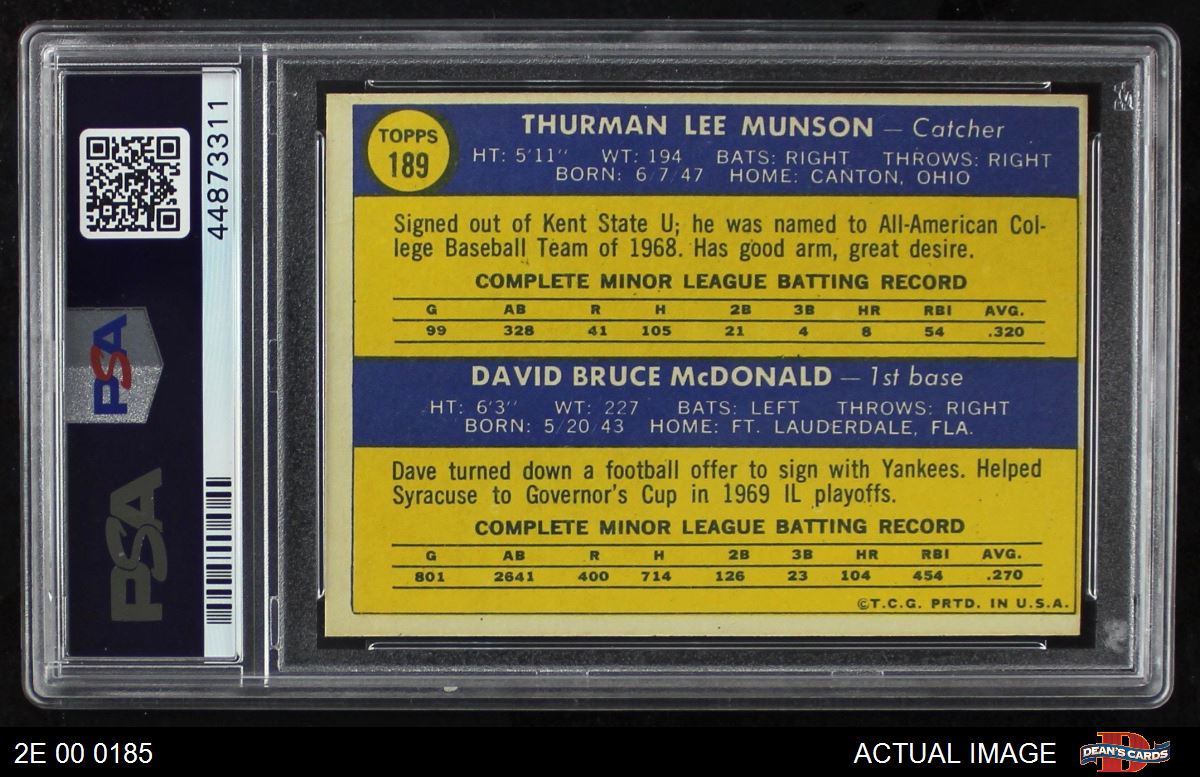 1970 Topps Thurman Munson New York Yankees #189 Baseball Card PSA 7
