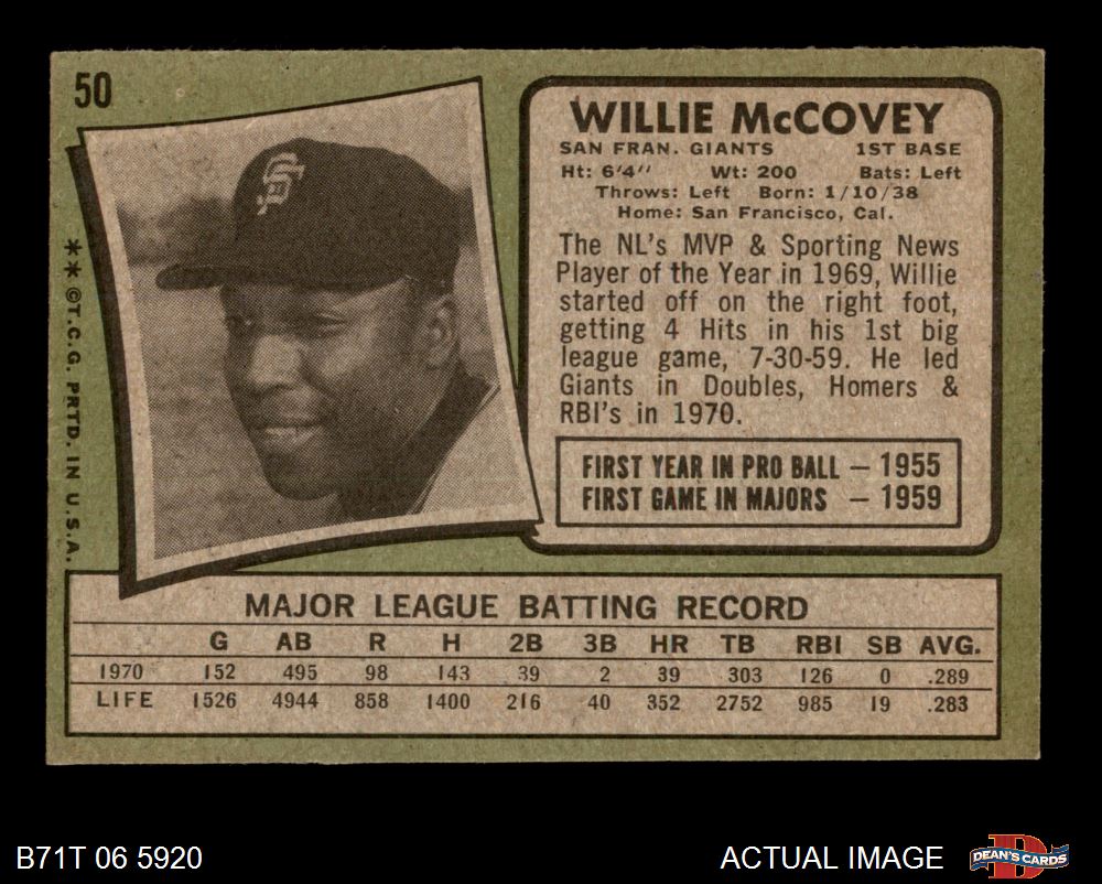 Willie McCovey 1971 Topps #50 1st Base, Giants, HOF, Nice Card! –