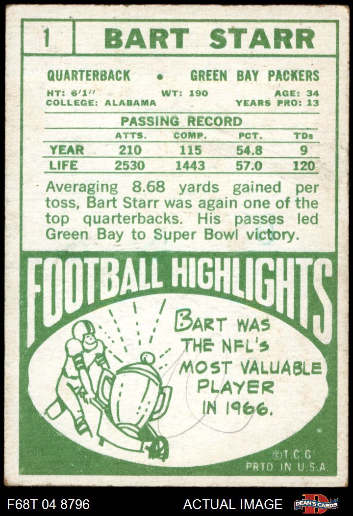 : 1968 Topps # 1 Bart Starr Green Bay Packers (Football