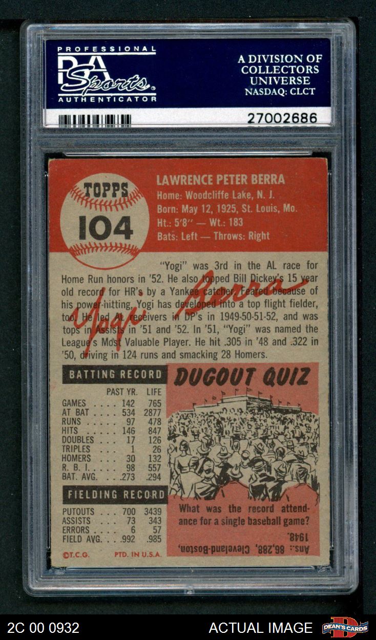 1953 Topps #104 Yogi Berra Yankees HALL-OF-FAME 1.5 - FAIR B53T 02