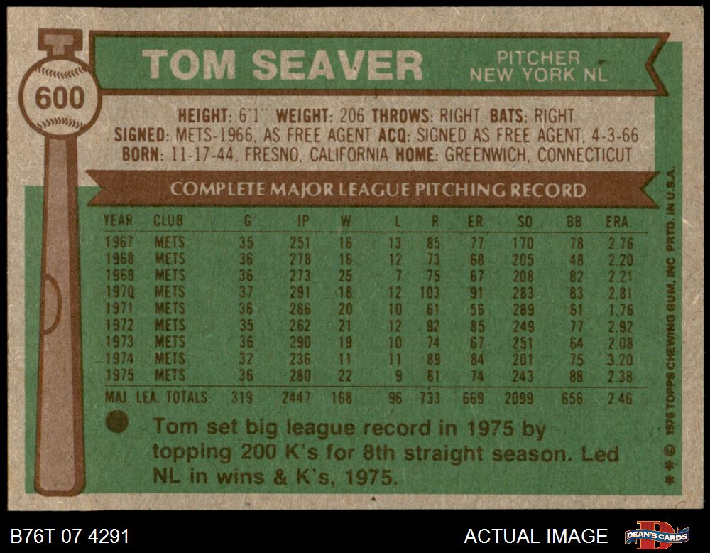  1976 Topps # 5 Record Breaker Tom Seaver New York Mets