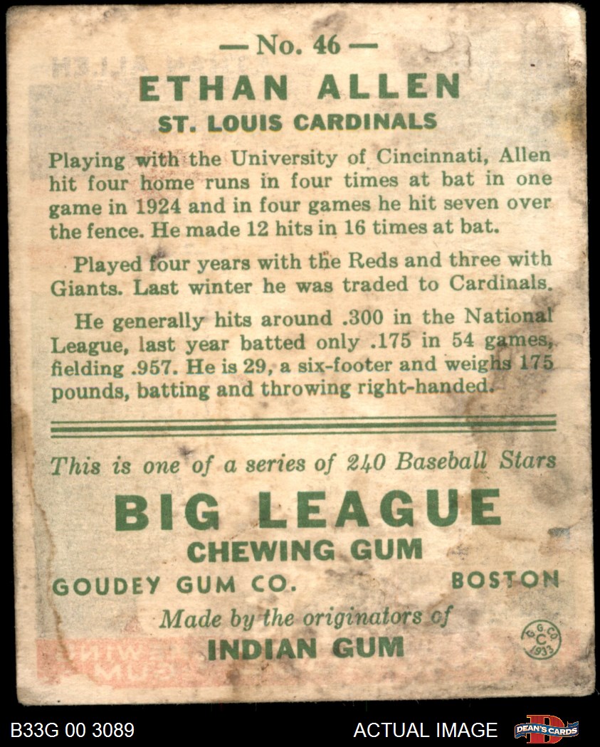 1933 Goudey #46 Ethan Allen Cardinals 1.5 - FAIR - Picture 7 of 17