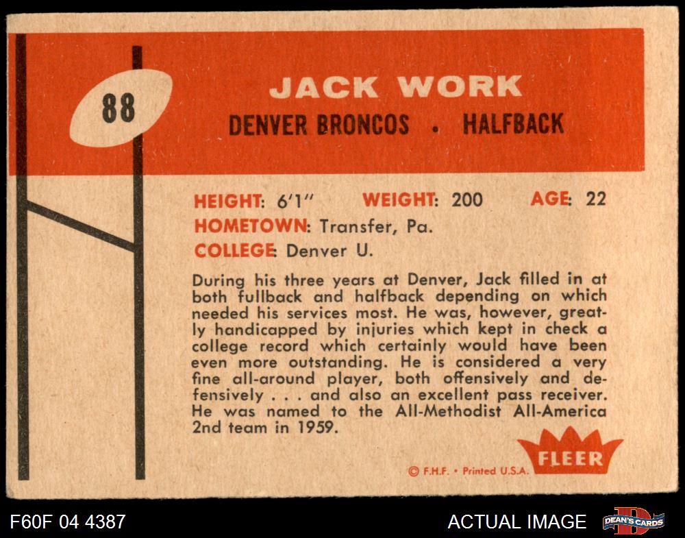 1960 Fleer Regular (Football) Card# 88 Jack Work of the Denver