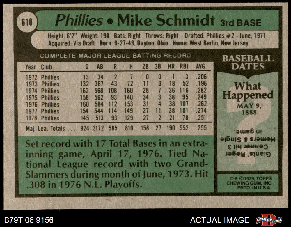 Mike Schmidt 1979 Topps #610 HOF, 3rd Base, Philadelphia Phillies