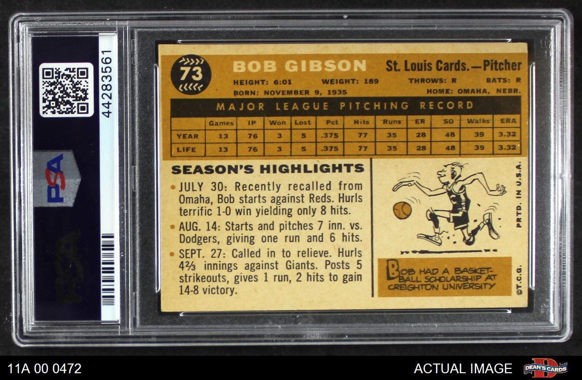 1960 Topps #73 Bob Gibson St. Louis Cardinals Baseball Card Ex/Mt app cres