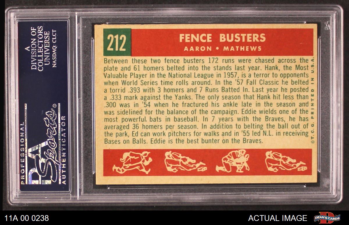 1959 Topps #212 Fence Busters Hank Aaron, Ed Mathews Baseball Card Ex/Mt o/c