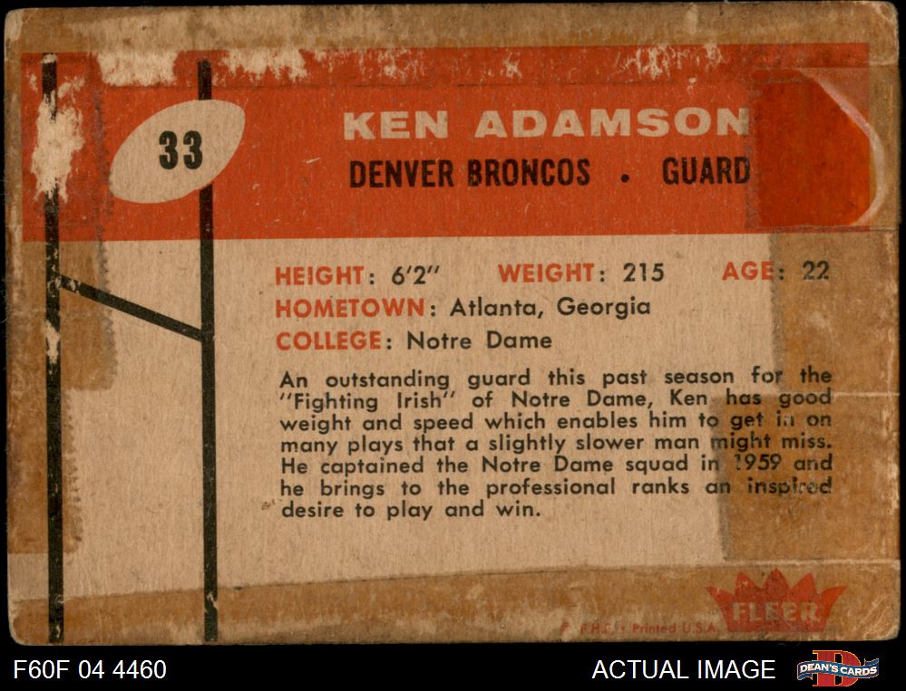 : 1960 Fleer # 33 Ken Adamson Denver Broncos (Football