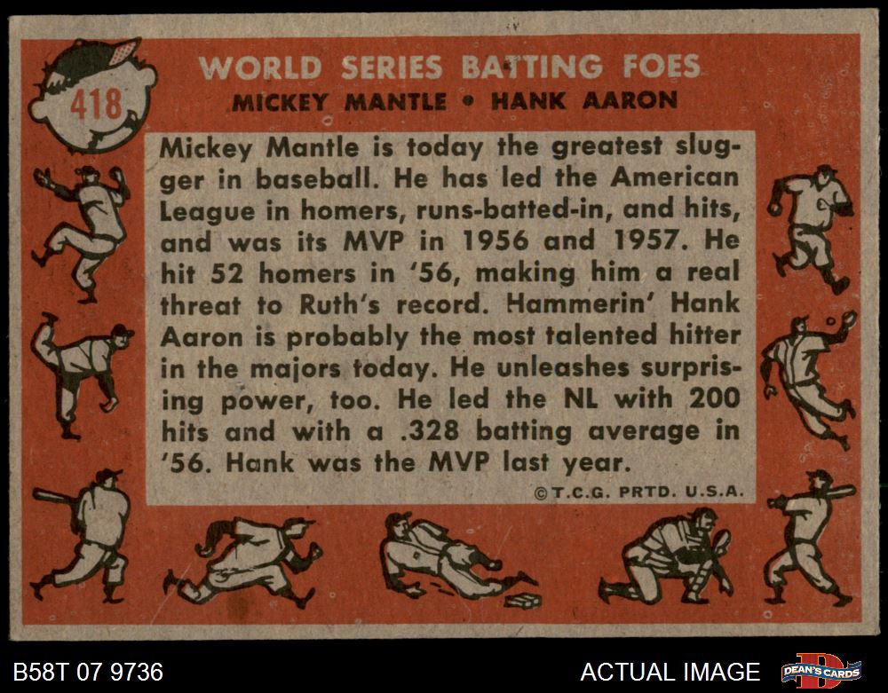  1958 Topps # 418 World Series Batting Foes Mickey Mantle/Hank  Aaron New York/Milwaukee Yankees/Braves (Baseball Card) AUTHENTIC  Yankees/Braves : Collectibles & Fine Art