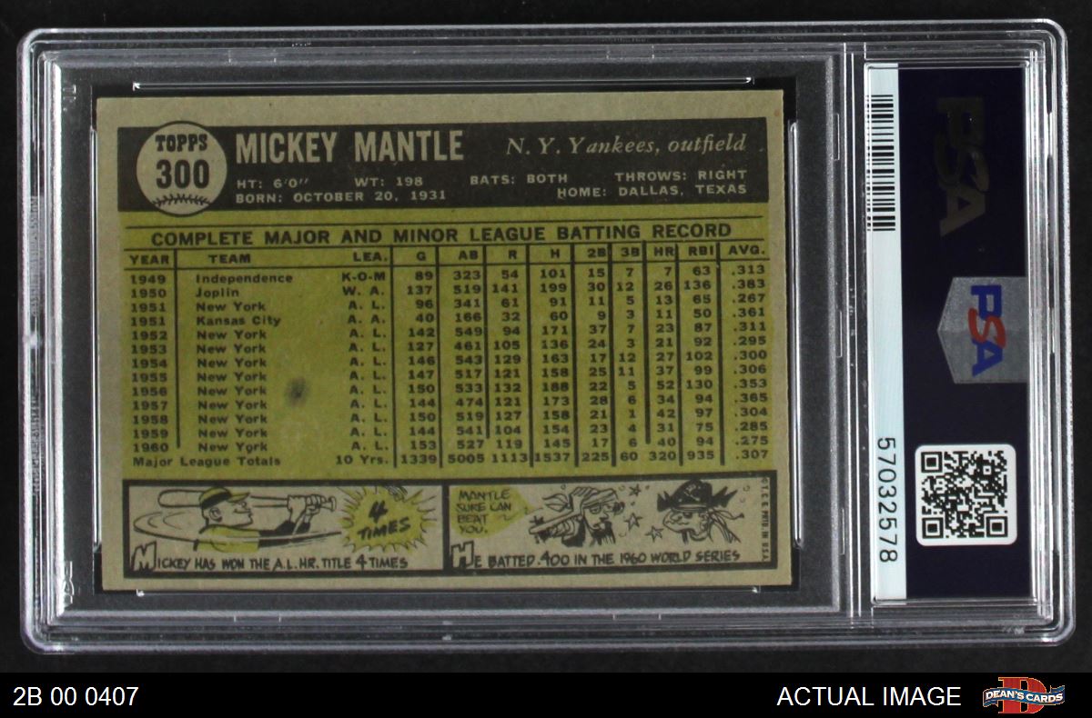  1961 Topps Mickey Mantle Baseball Card #300 Graded PSA 7 NRMT :  Collectibles & Fine Art