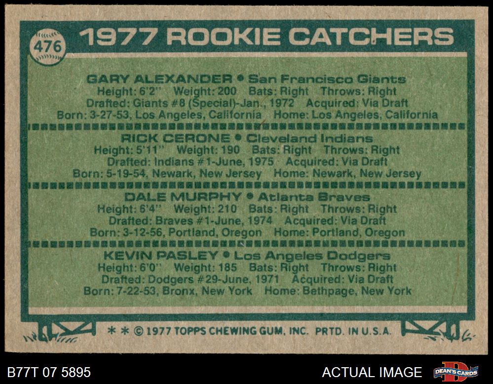 1977 Topps #476 Rookie Catchers Dale Murphy / Gary Alexander / Rick Cerone  / Kevin Pasley