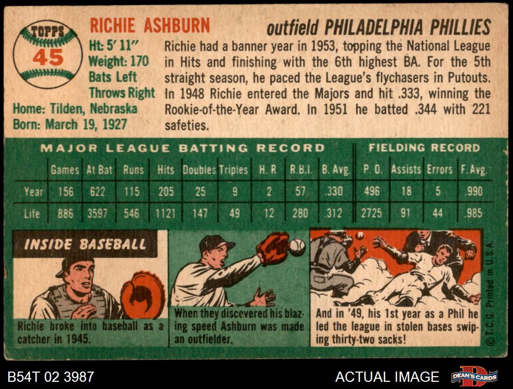 1954 Topps #45 Richie Ashburn Philadelphia Phillies Baseball Card Vg/Ex pl