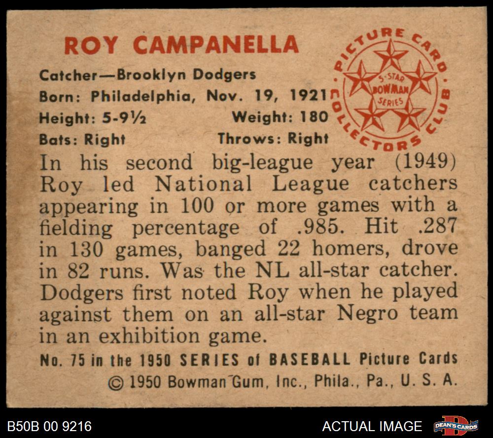  1950 Bowman # 75 Roy Campanella Brooklyn Dodgers