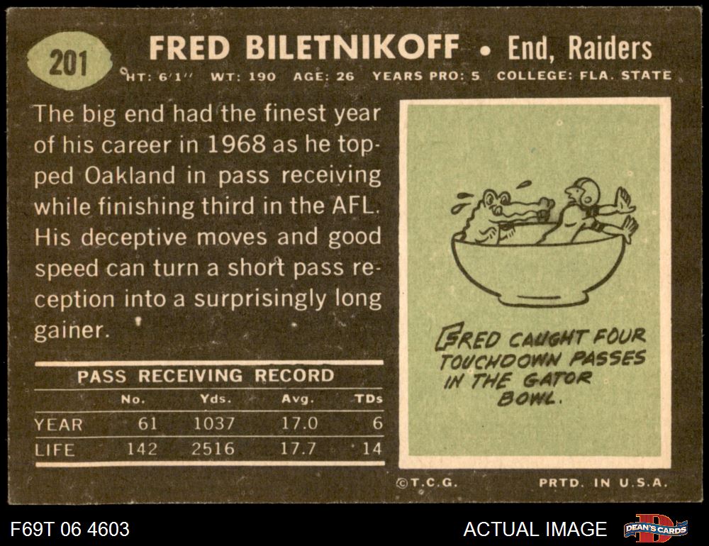 1969 Topps #201 Fred Biletnikoff Oakland Raiders Football Card