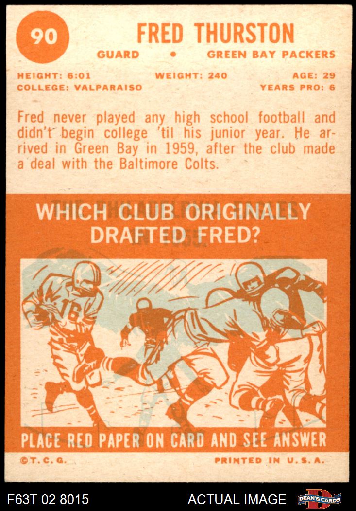 1963 Topps #90 Fred Thurston Packers Valparaiso 7 - NM - Picture 7 of 9