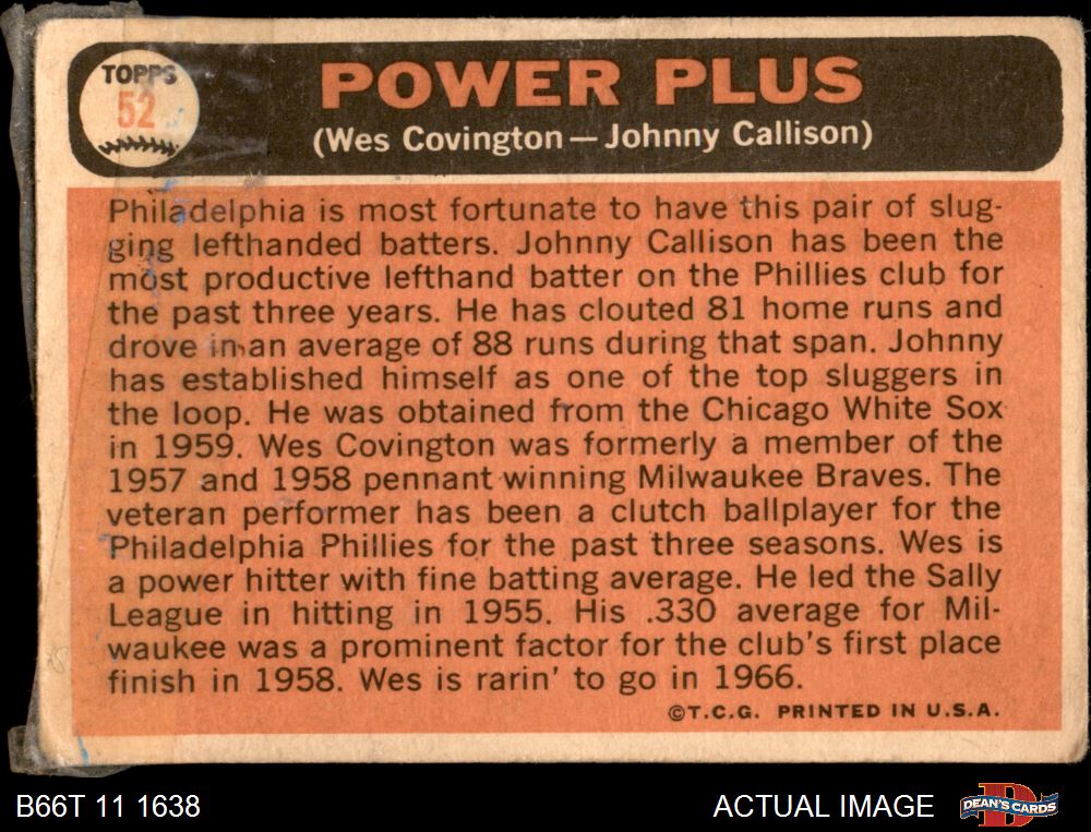 1966 Topps #52 Johnny Callison / Wes Covington Power Plus Phillies AUTHENTIC