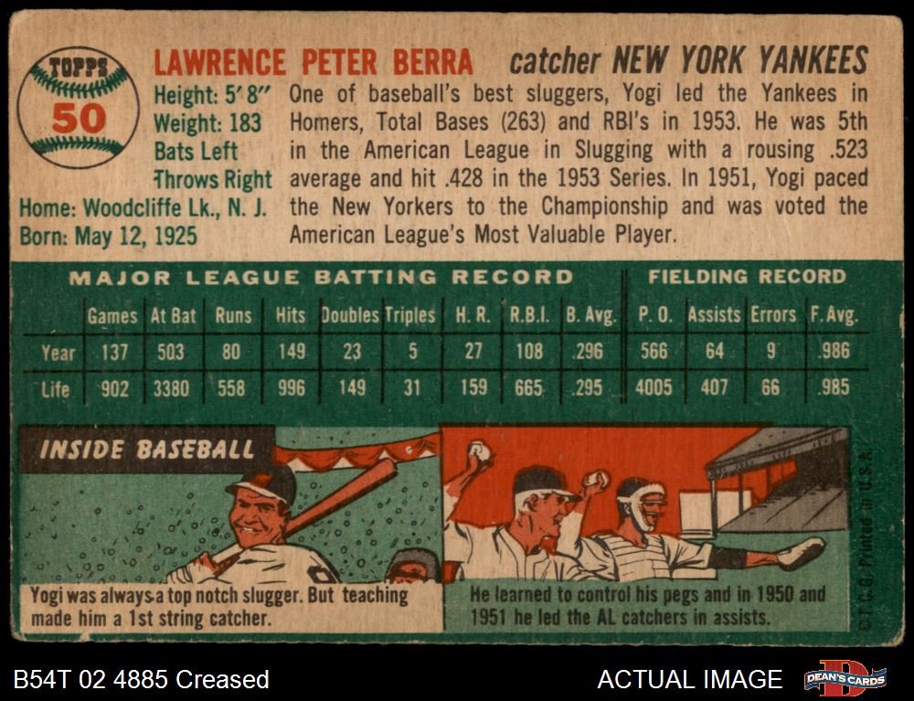 1954 Topps #50 Yogi Berra New York Yankees Baseball Card (EX) — RSA