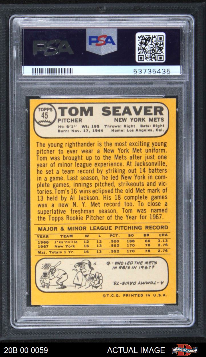 1968 Topps #45 Tom Seaver New York Mets Baseball Card EX ind str