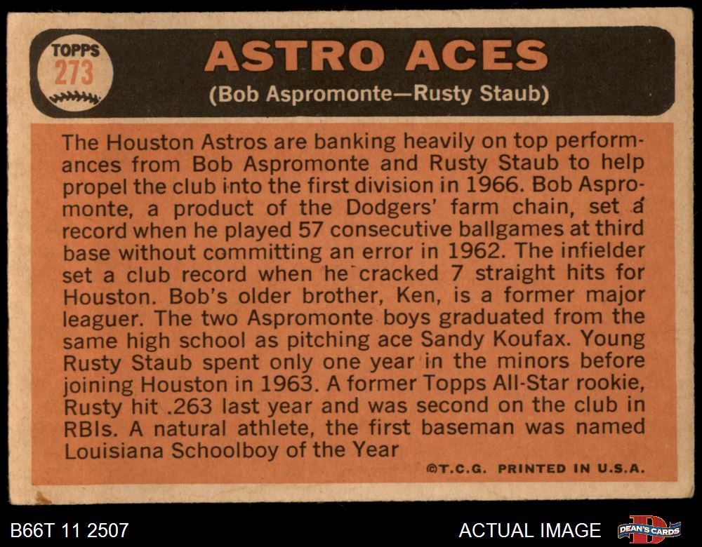  1966 Topps # 273 Astros Aces Rusty Staub/Bob Aspromonte Houston  Astros (Baseball Card) EX Astros : Collectibles & Fine Art