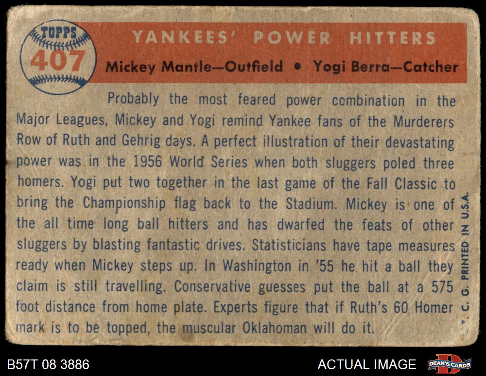 1957 Topps #407 Yankees' Power Hitters Mickey Mantle / Yogi Berra