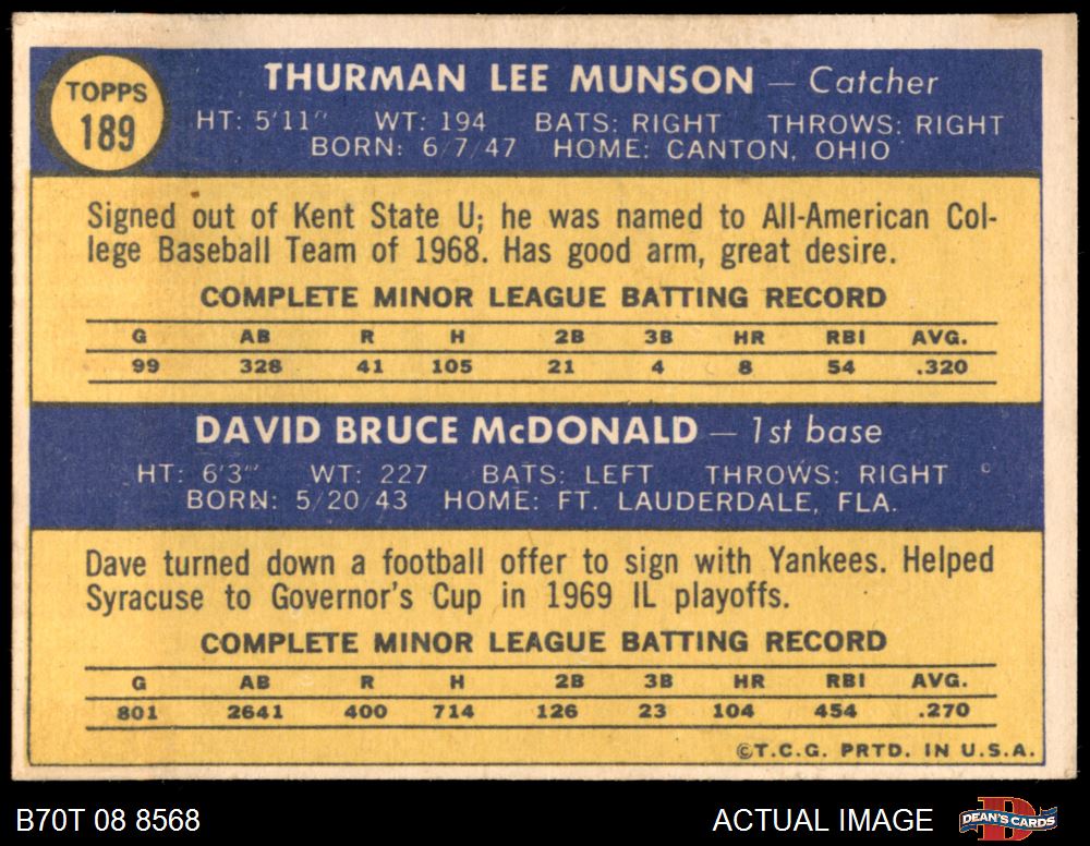 Auction Prices Realized Baseball Cards 1970 Topps Yankees Rookies T.MUNSON /D.McDONALD