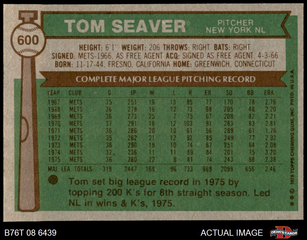 Tom Seaver 1976 Topps #600 New York Mets VG #1