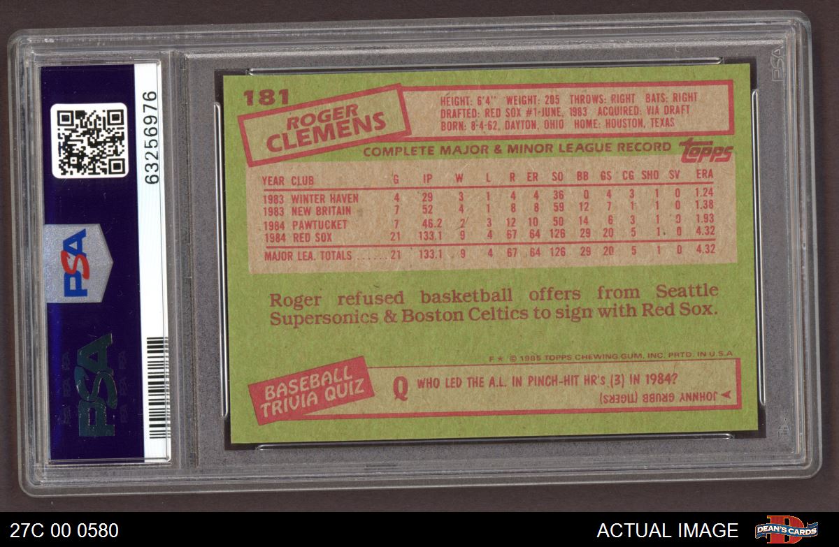 1985 TOPPS 181 ROGER CLEMENS ROOKIE CARD CSA GEM MINT 10 - collectibles -  by owner - sale - craigslist