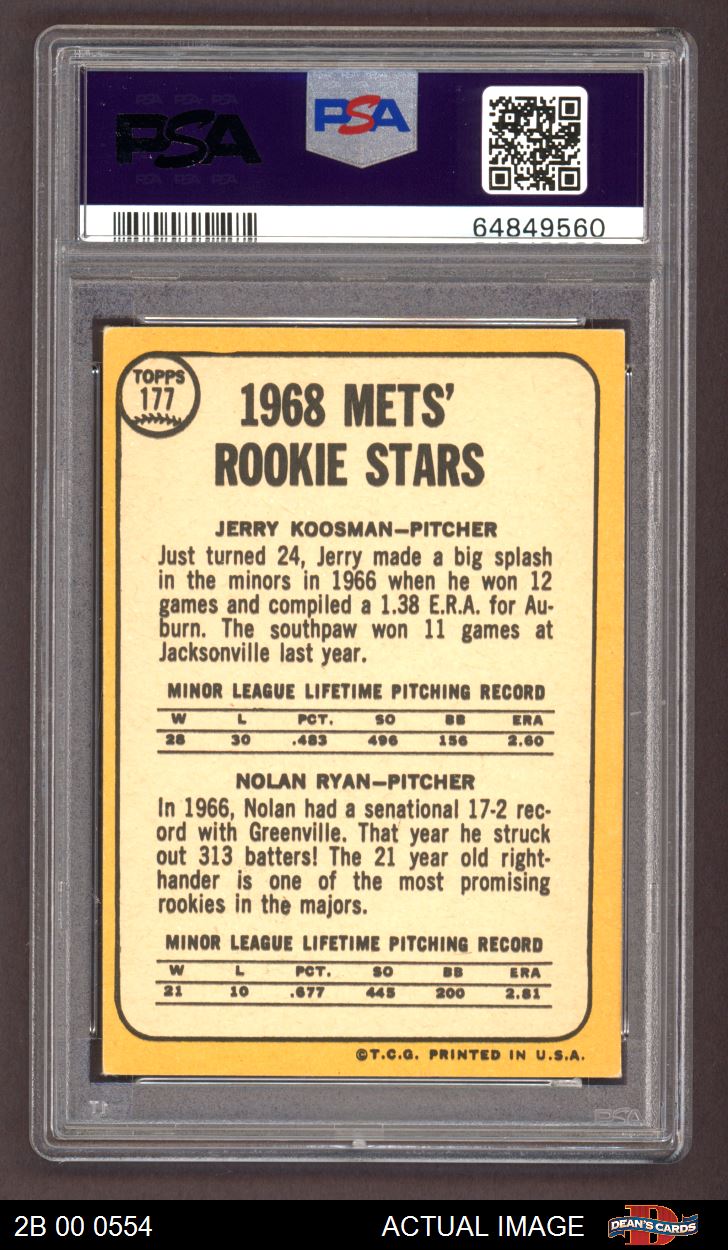 1968 Topps #177 A - Nolan Ryan / Jerry Koosman Mets Rookies PSA 4 - VG/EX