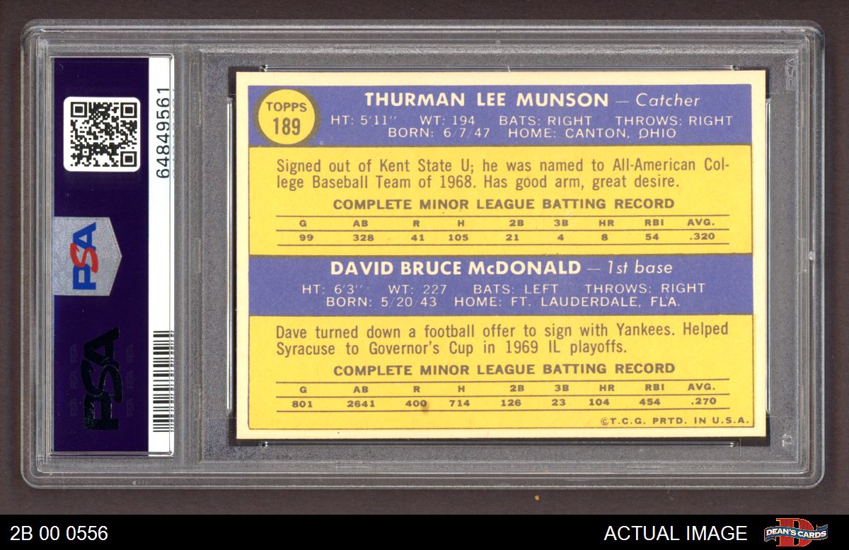  1970 Topps #189 Thurman Munson/Dave McDonald VG-EX RC Rookie  Yankees : Collectibles & Fine Art