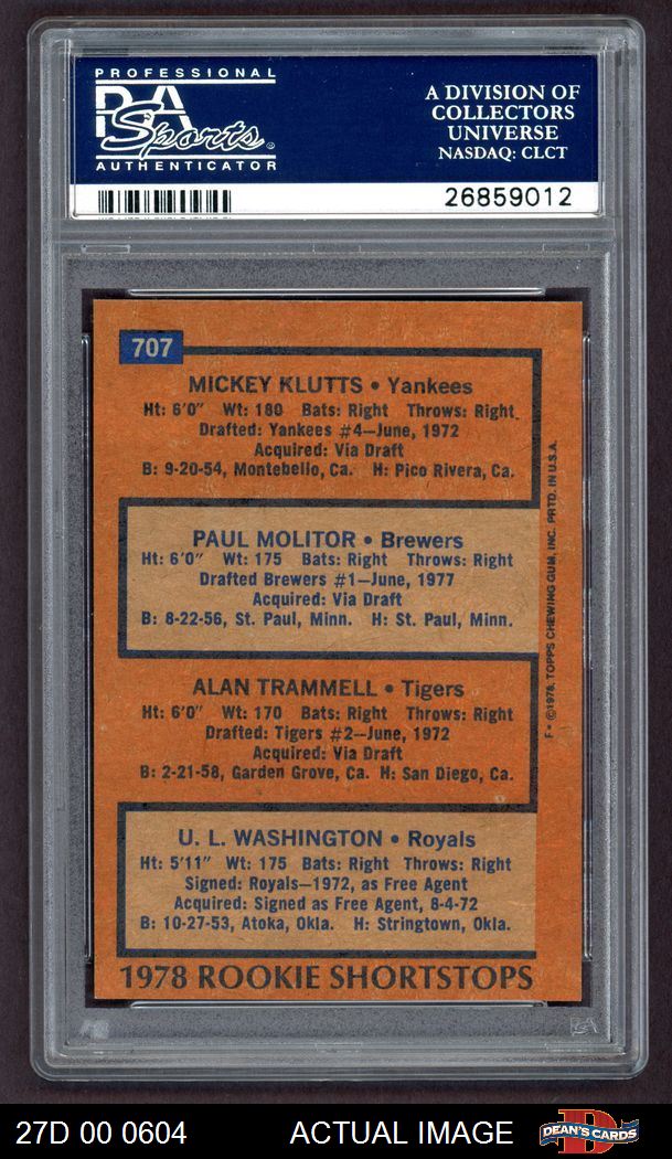 1978 Topps #707 Rookie Shortstops Paul Molitor / Alan Trammell / Mickey  Klutts / U.L. Washington