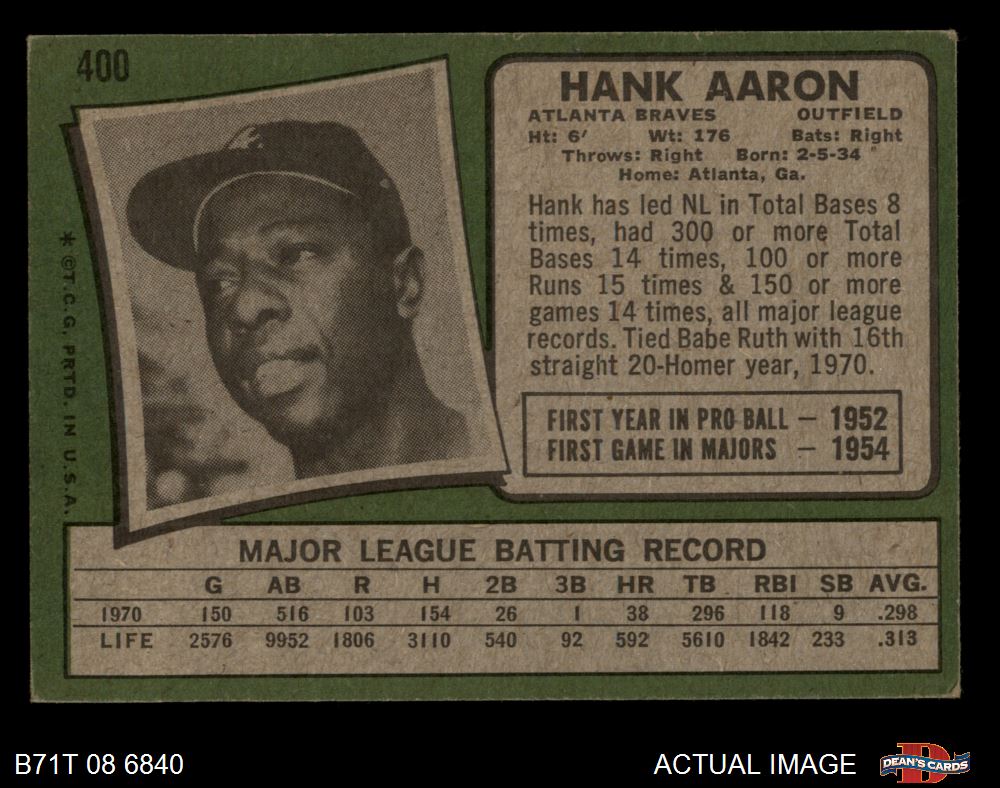 1971 Topps #400 Hank Aaron Atlanta Braves HOF PSA 6 EX-MT 333 - Duck's  Dugout