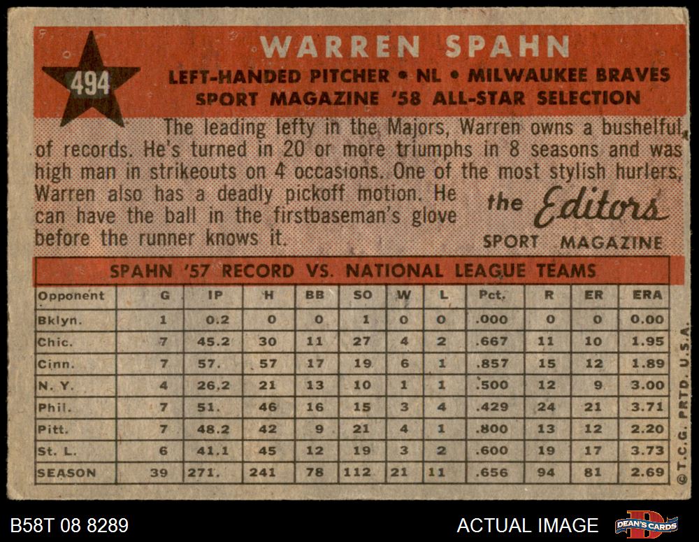  1958 Topps # 494 All-Star Warren Spahn Milwaukee Braves ( Baseball Card) VG Braves : Collectibles & Fine Art